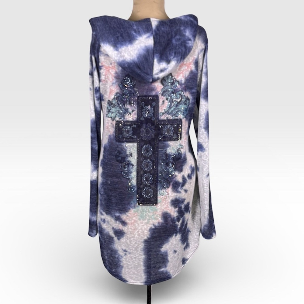 Vocal LA Blue Tie Dye Rhinestone Cross Tattoo Long Hoodie Tunic Top Y2K Large‎